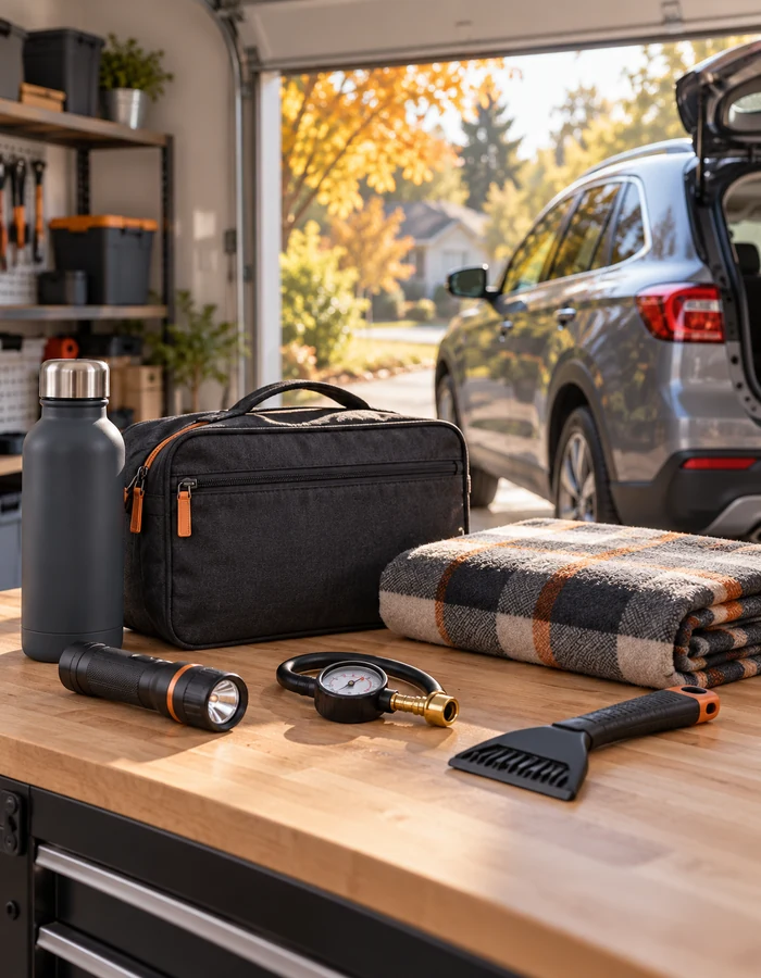 Road-trip preparation tools arranged beside a car