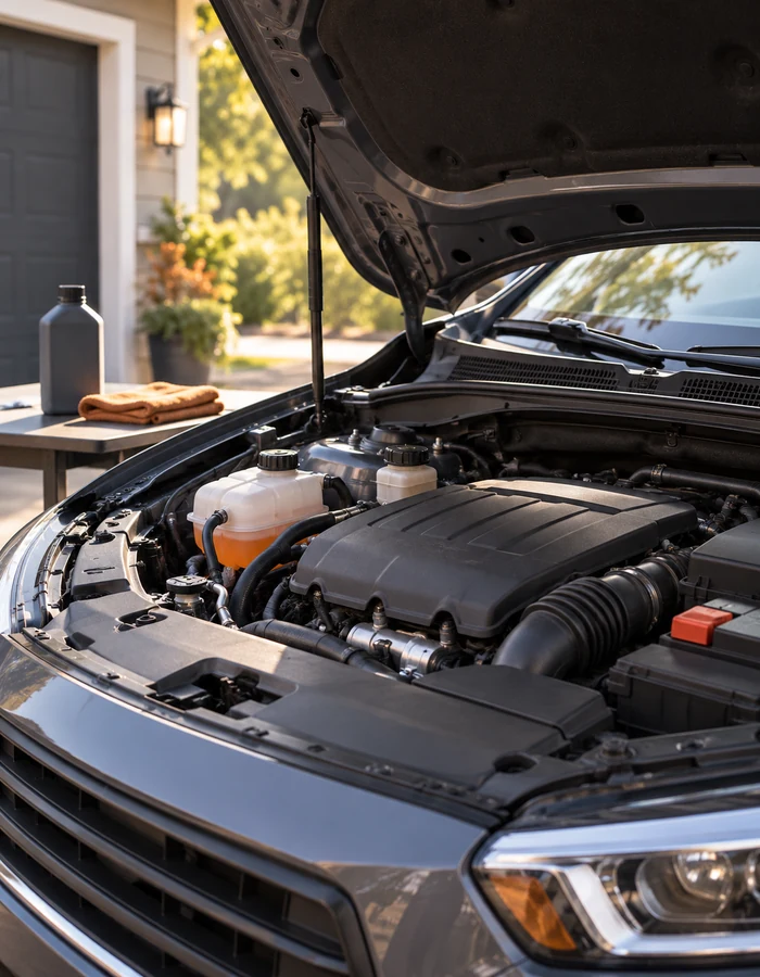 A driver checking fluids under an open hood
