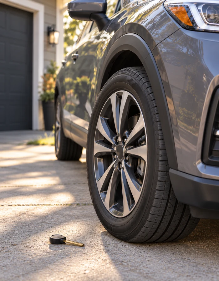A close view of a tire and brake inspection