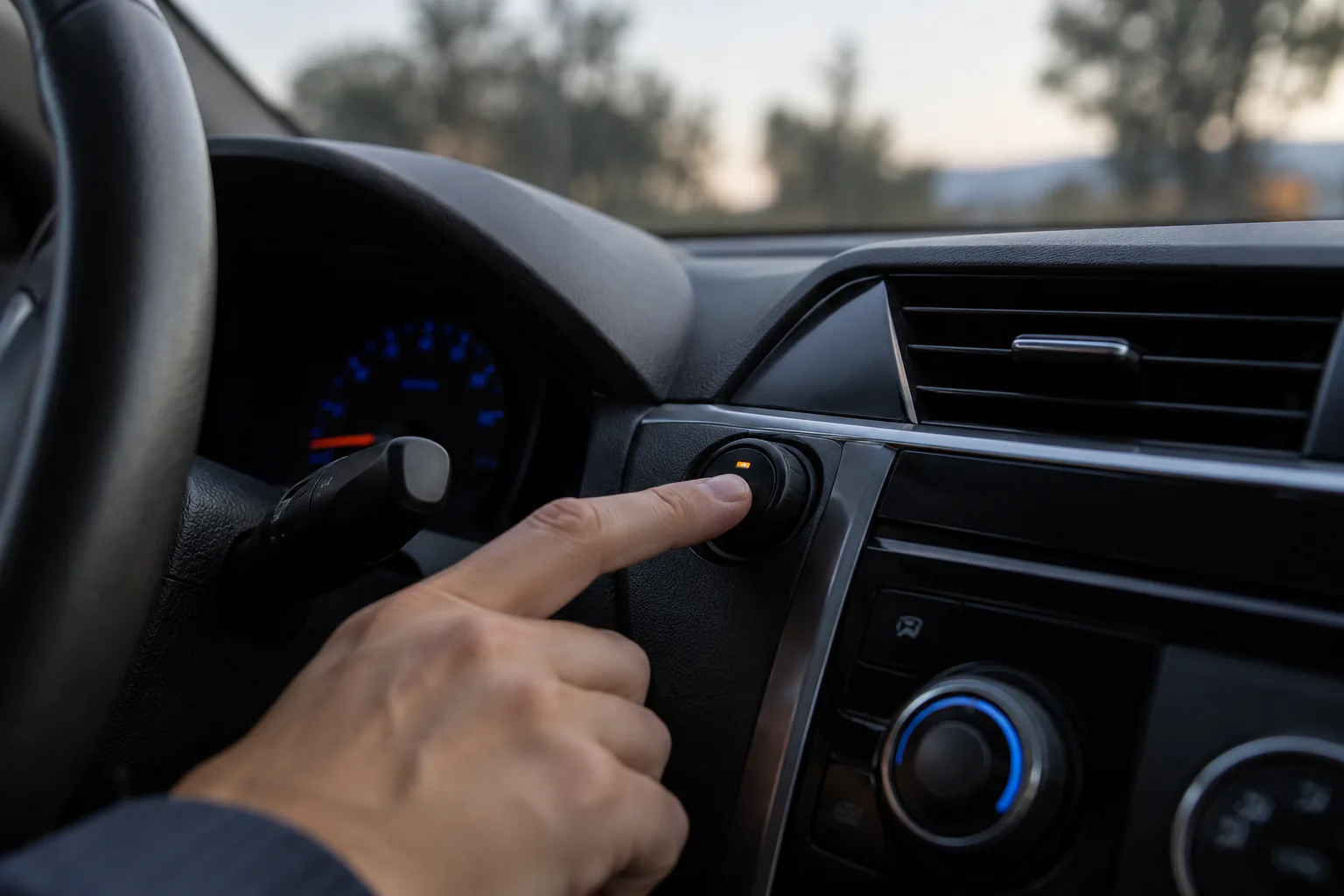 Hand switching off a plain accessory control while navigation and exterior visibility remain implied