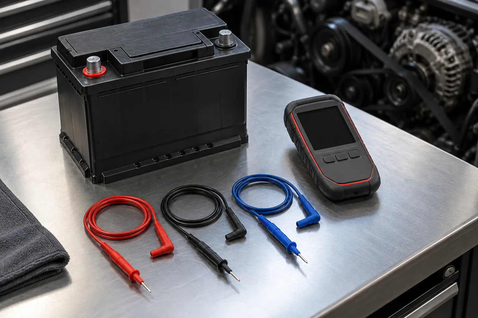 Three generic test leads and a meter arranged beside a battery case and belt-drive shadow in a professional bay