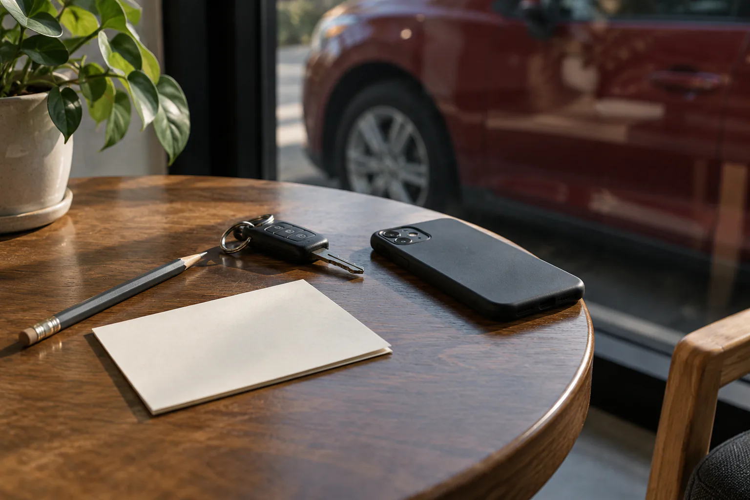 Pencil, blank card, key, and phone face-down beside a parked-car silhouette reflected in glass