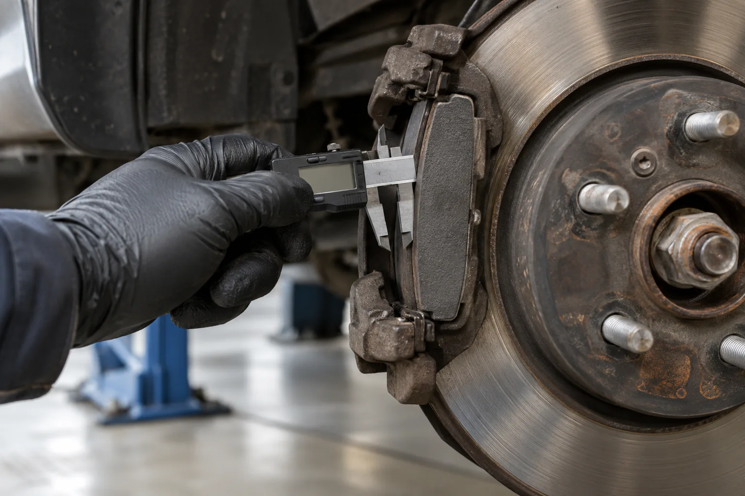 Technician's gloved hand holding a generic measuring tool near an exposed brake pad and rotor on a safely supported vehicle