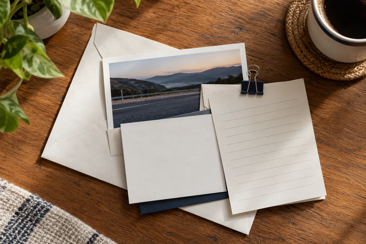 Plain photo envelope, tow-contact card, and symptom note clipped together on counter