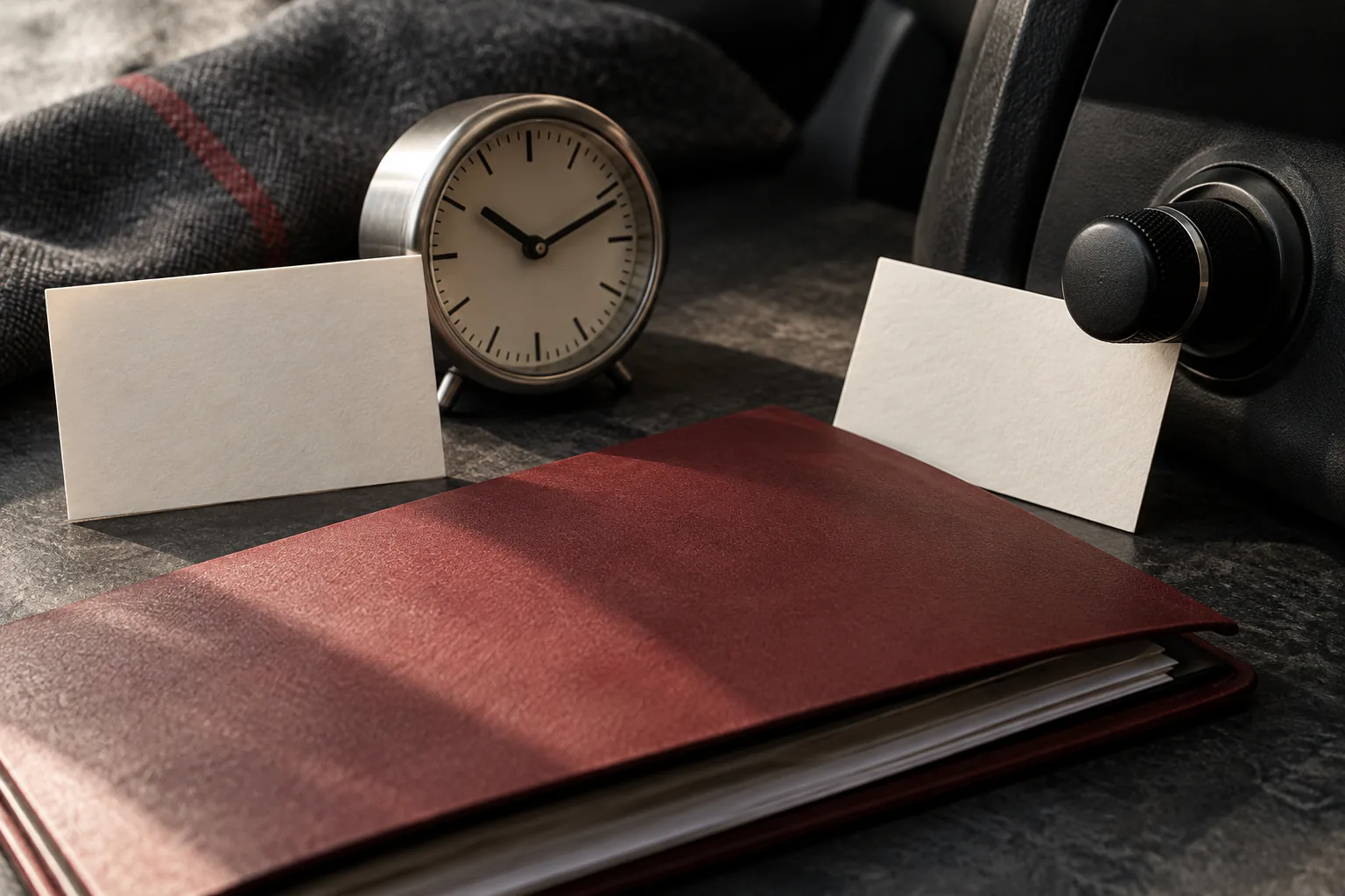 Two plain reminder cards, one paired with a small clock and one with a generic odometer trip knob, converging beside a service folder