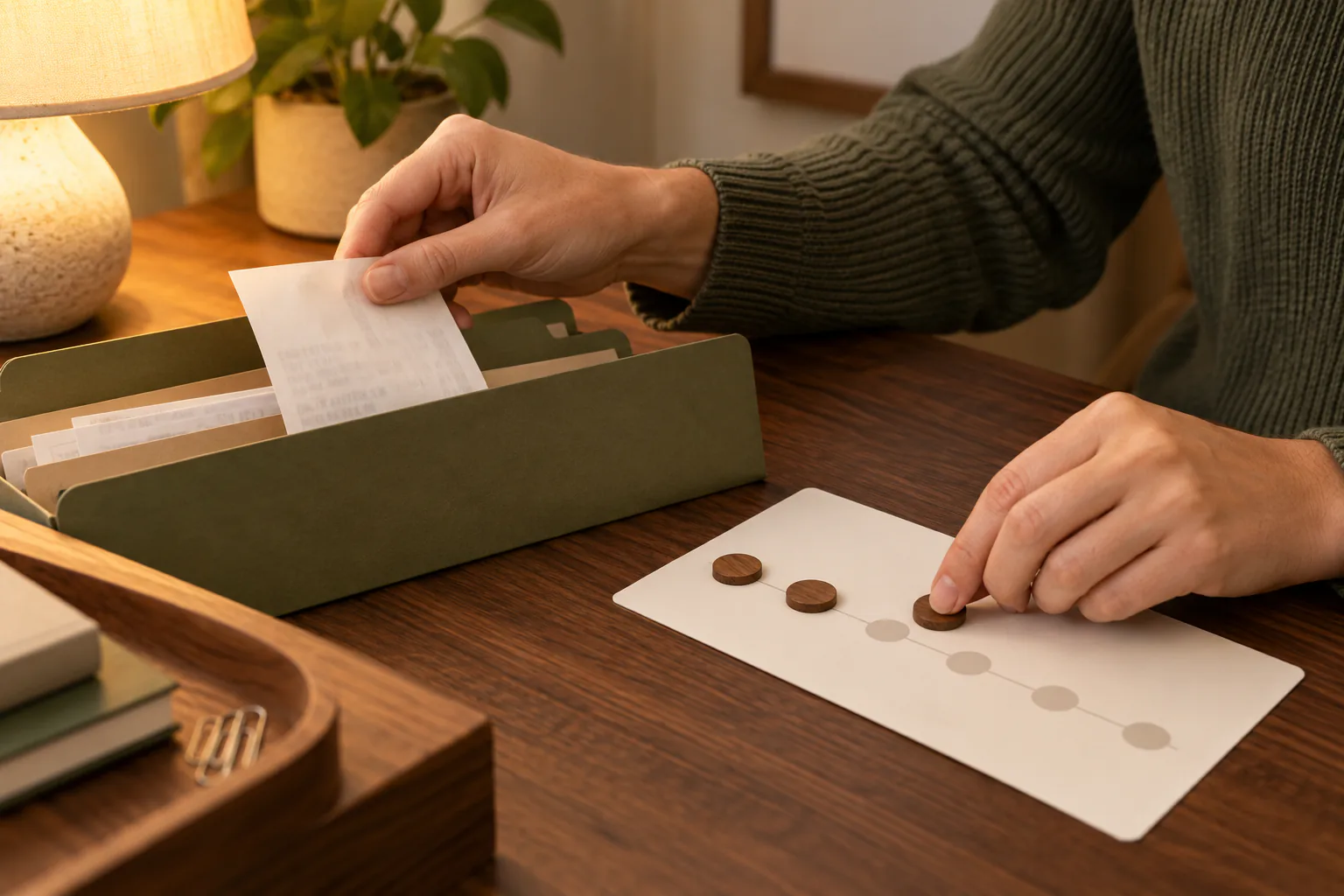 Hands placing a plain receipt into a folder and moving one wooden marker forward