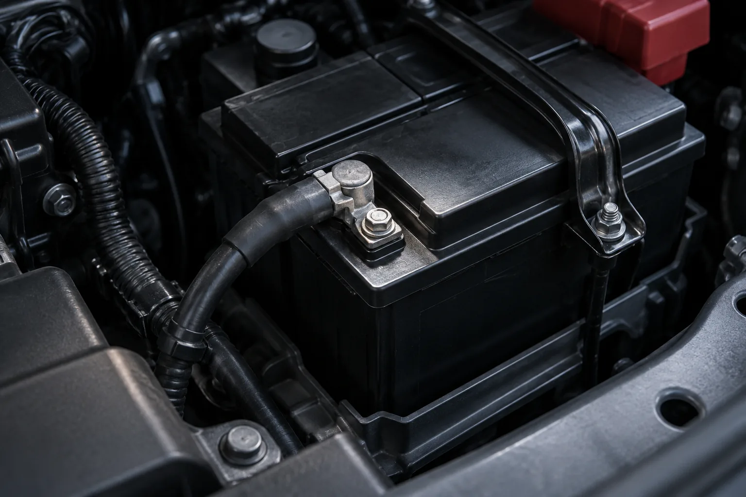 Clean battery corner with flashlight beam grazing case, cable insulation, and tray