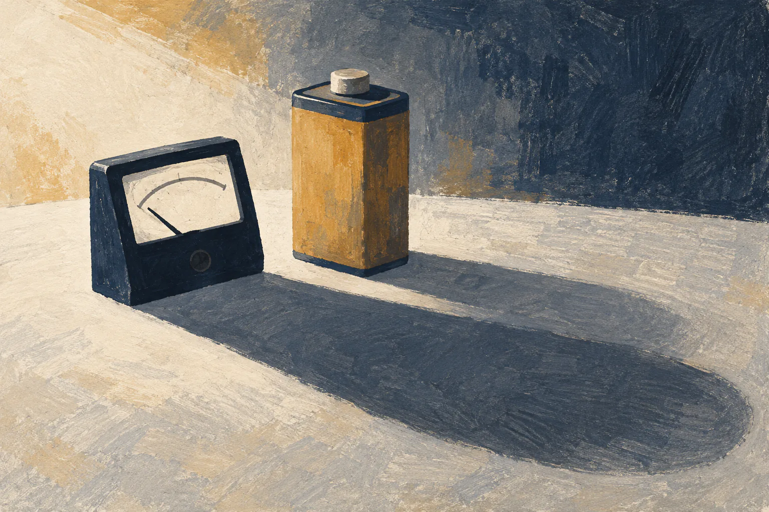 Gouache image of a small meter silhouette casting a larger uncertain shadow beside battery-shaped form