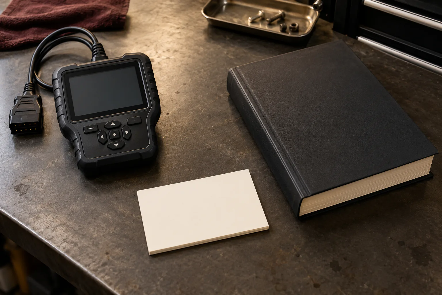Generic scan tool with blank display beside symptom card and service manual, none dominant