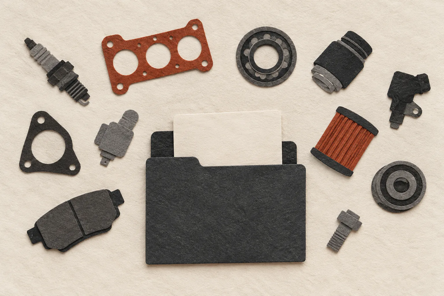 Paper collage with several scattered generic part silhouettes outside a single calm folder containing one evidence card
