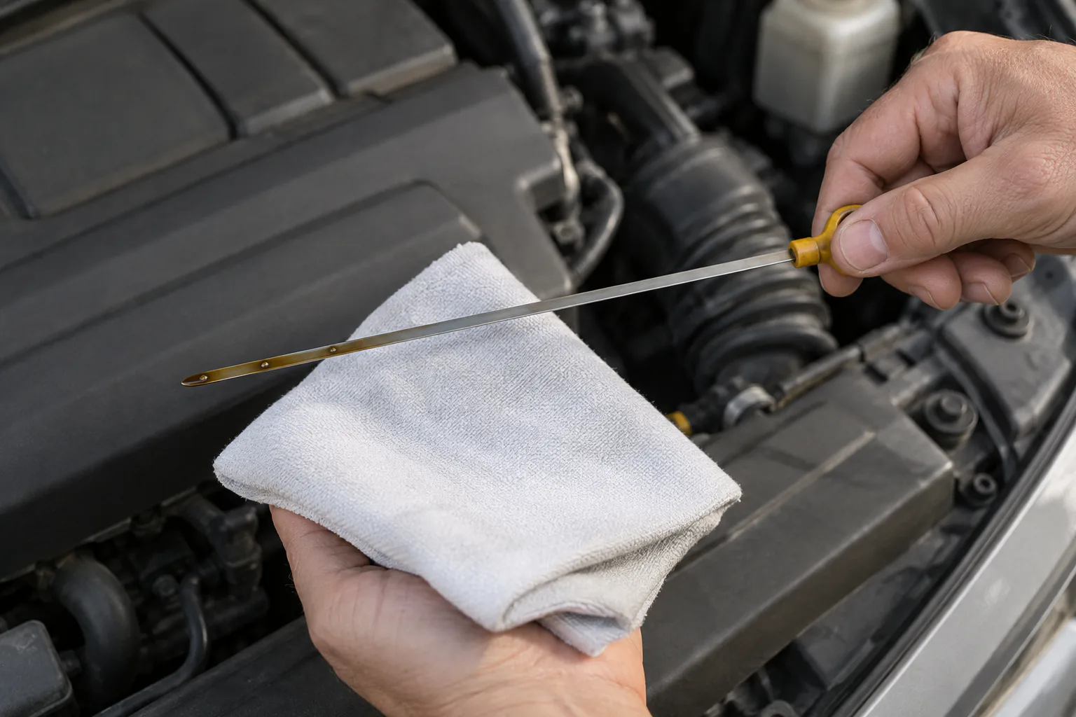 Hand holding a clean dipstick horizontally above a plain lint-free cloth at engine-bay edge