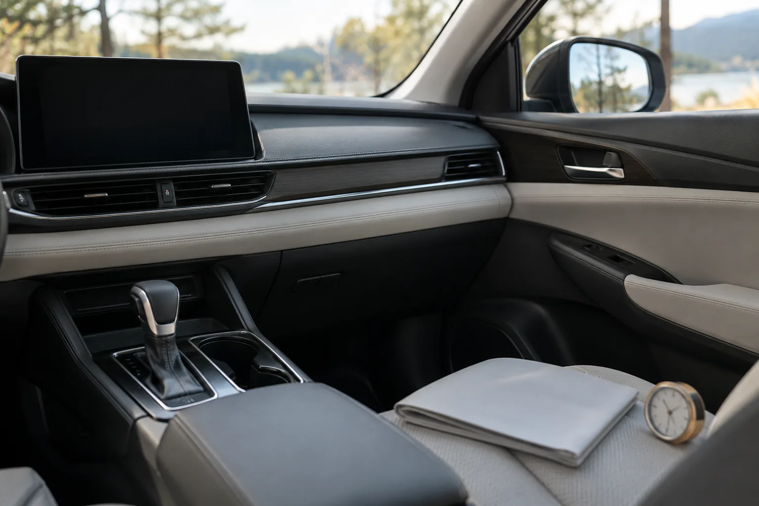 Parked cabin with blank center display, gear in park implied, folded manual and clock outside focus