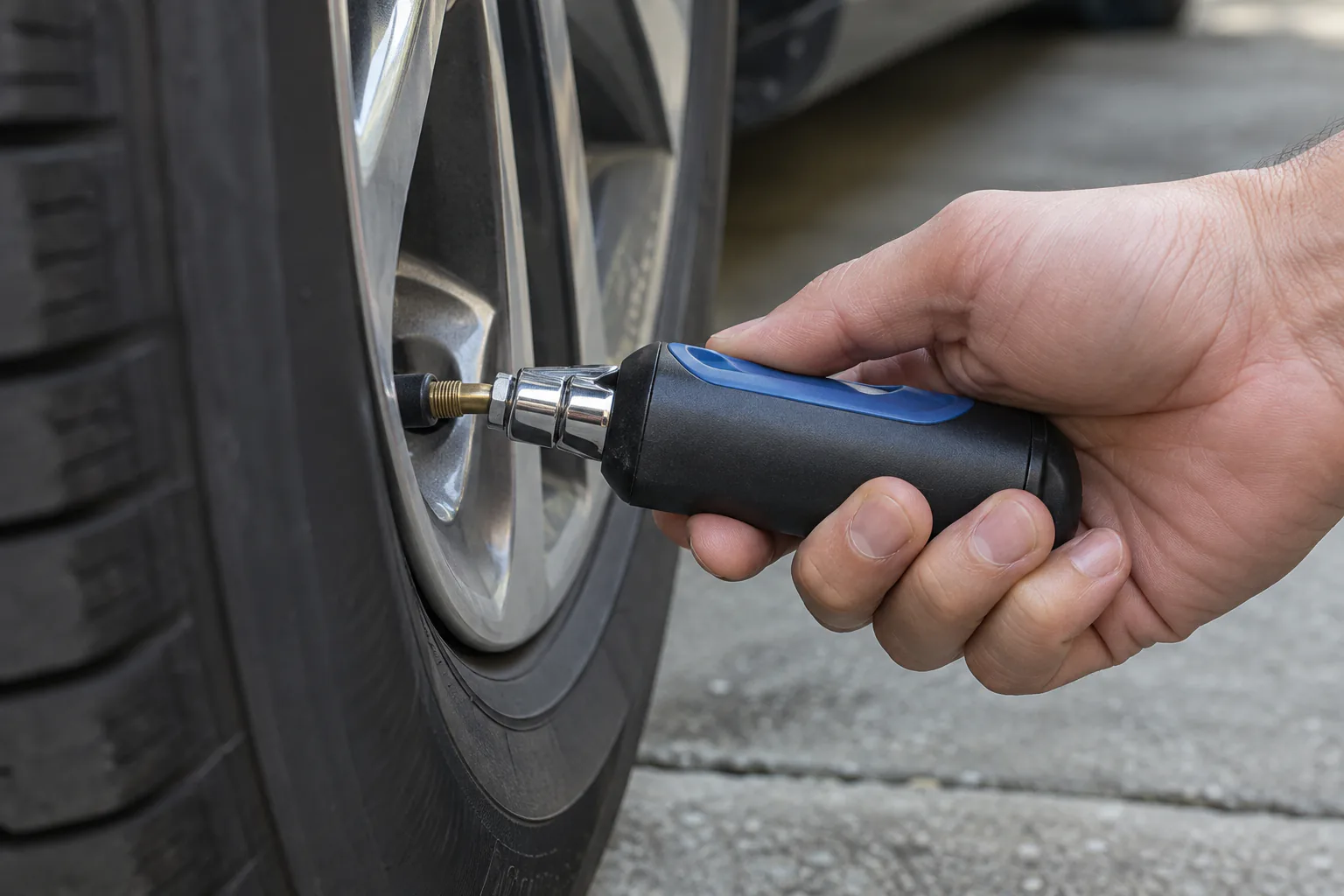 Gauge sealed squarely to valve stem, hand entering from lower edge