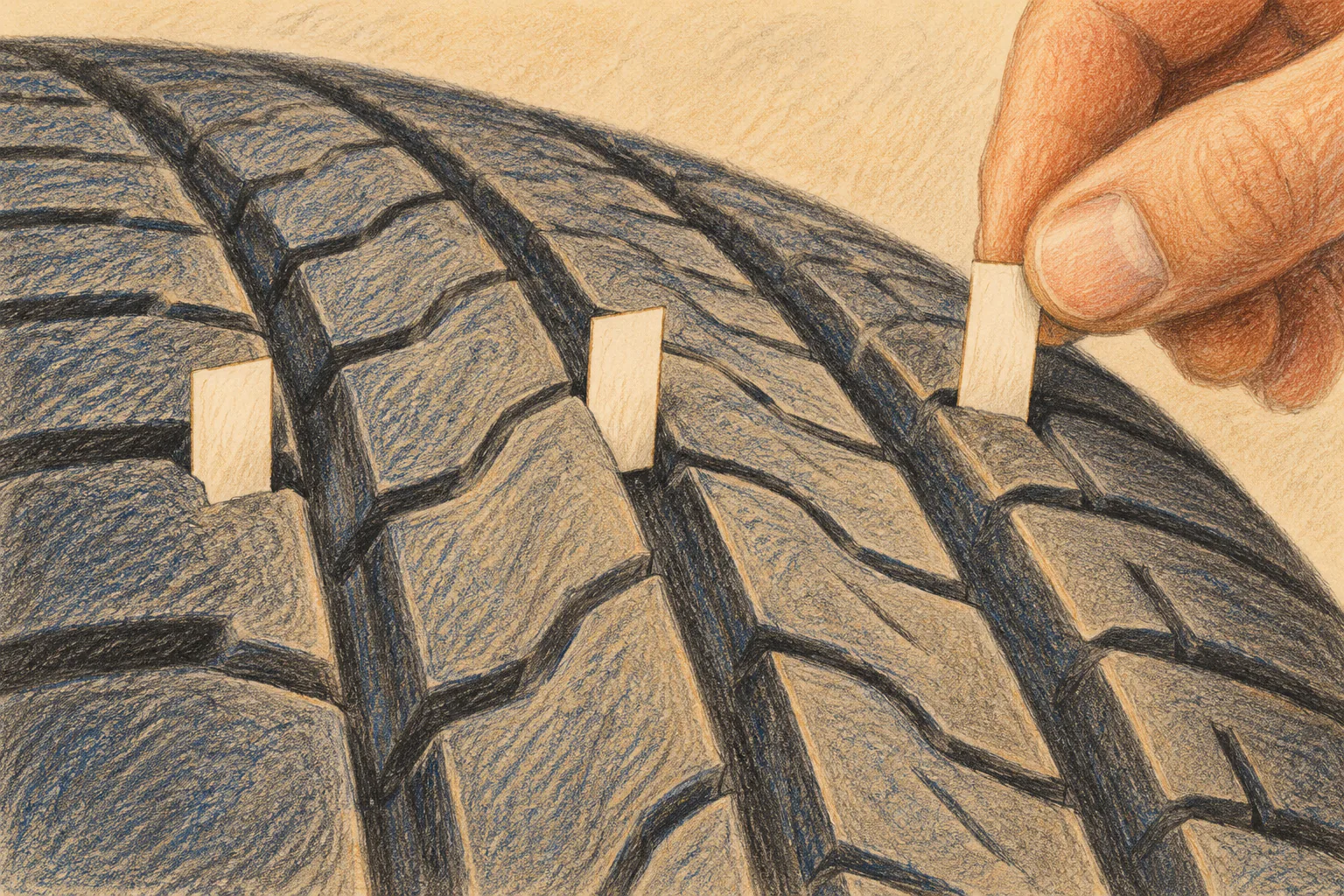 Colored-pencil close study of one curved tread band with three small blank measurement tabs touching separate grooves