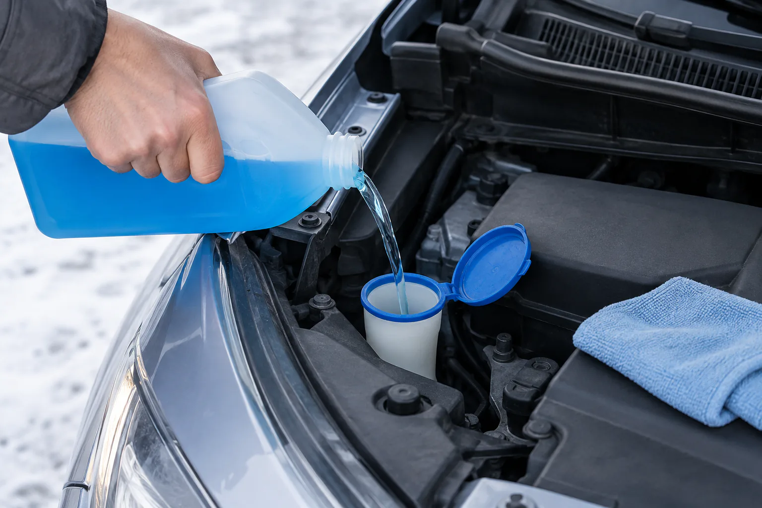 Hand pouring from plain small-spout container into identified washer opening with absorbent cloth nearby