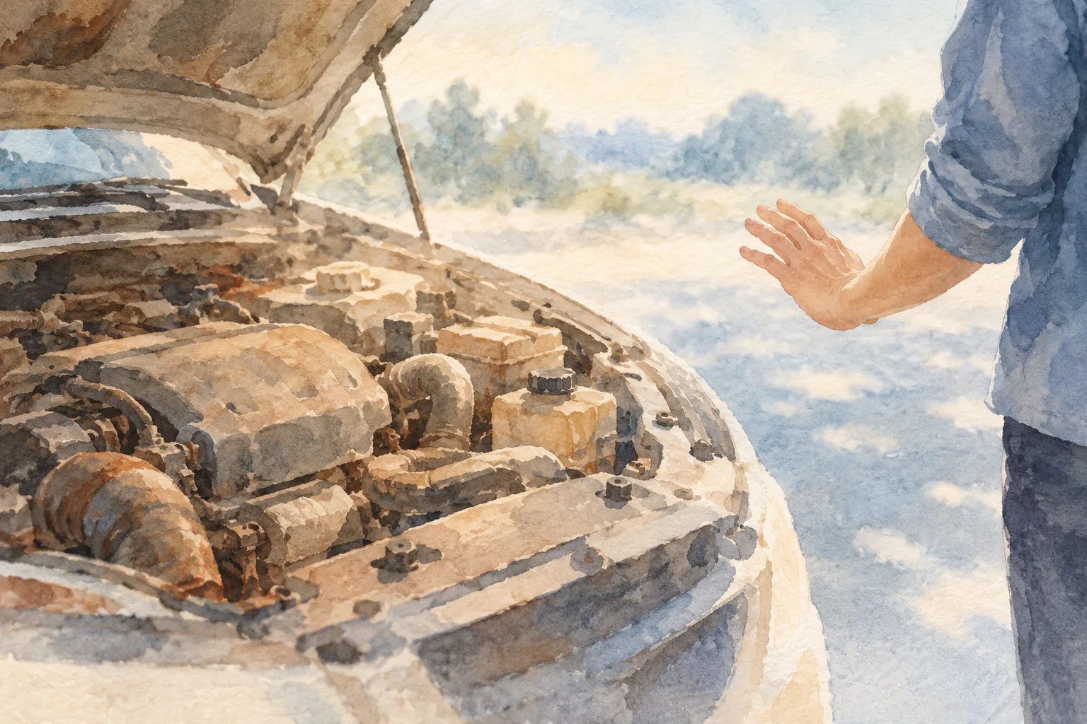 Watercolor of warm engine-bay shapes with a hand stopping outside a broad cool negative-space boundary