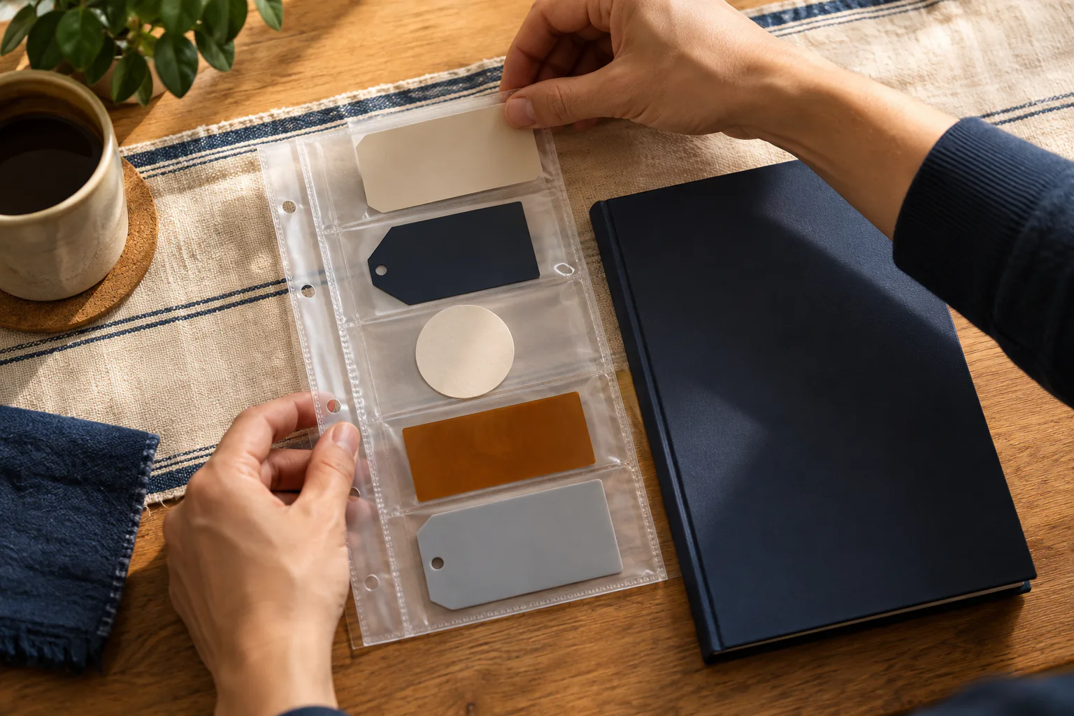 Hands placing five differently shaped blank material swatches into a sleeve beside a manual
