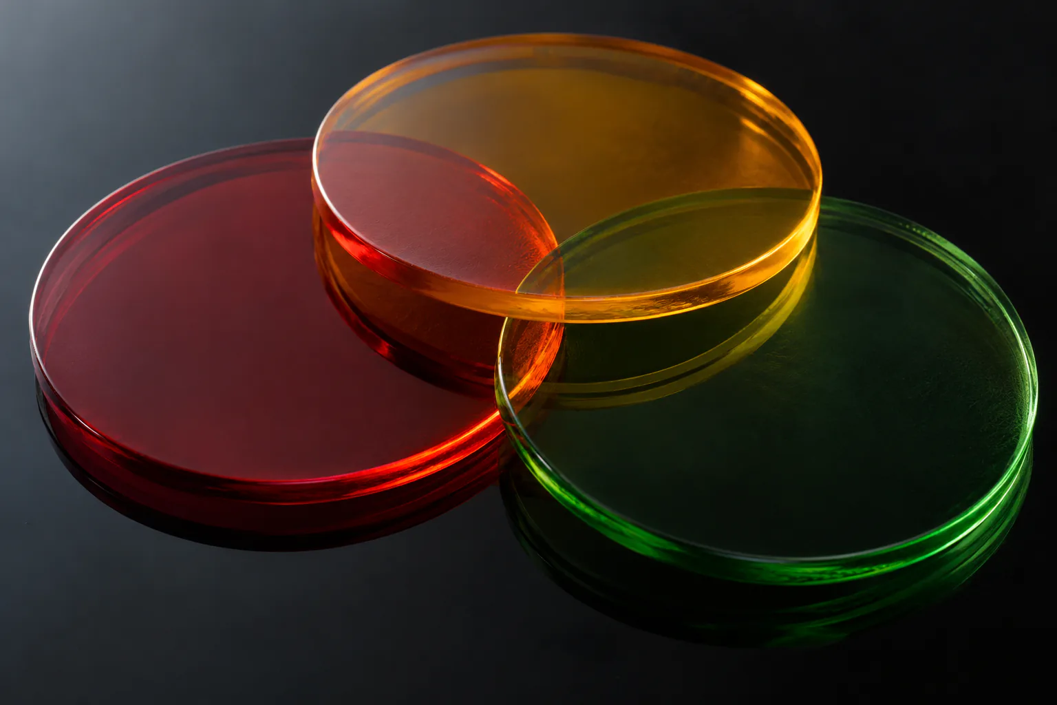 Three translucent blank lens discs of different colors overlapping on black glass