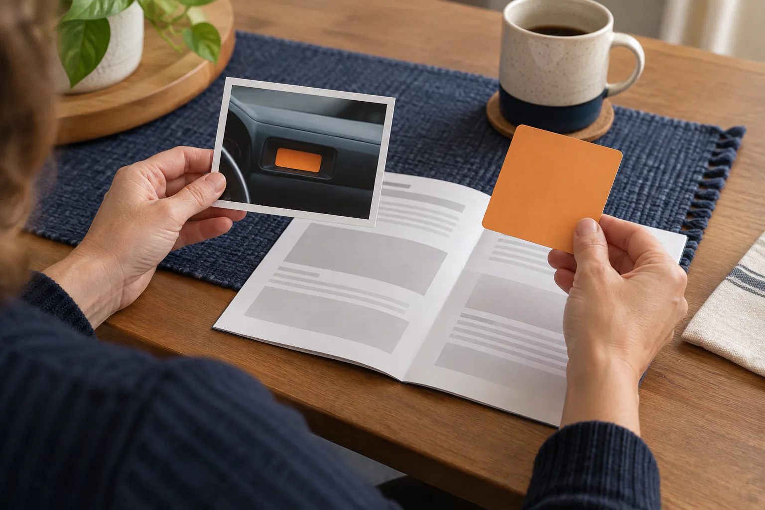 Hands compare a small blank dashboard photo, manual page with obscured blocks, and tactile shape card