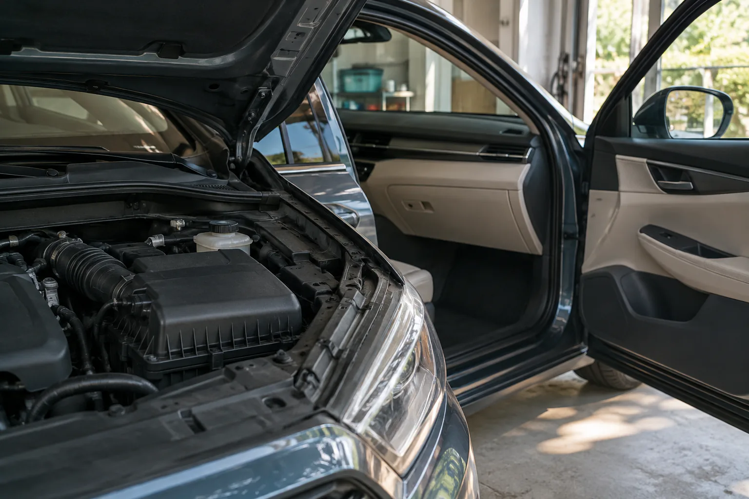 One plain filter housing visible at open engine-bay edge while a second closed interior trim panel sits in background