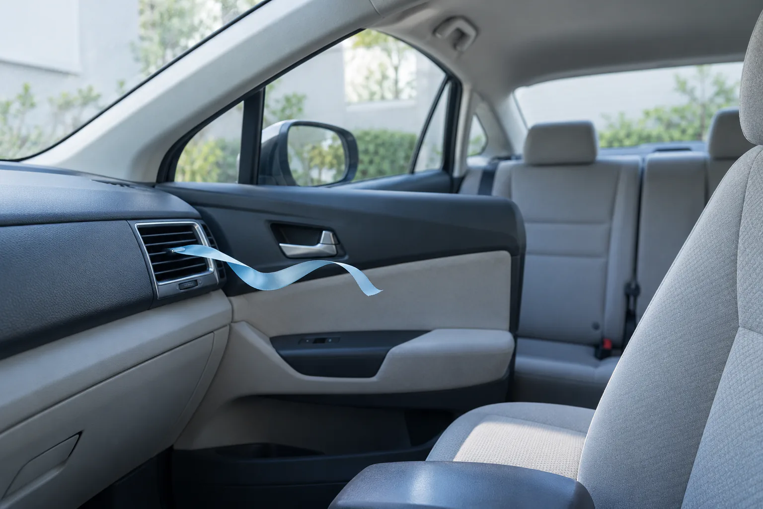 Ribbon at vent moves gently while thermometer case remains unreadable and rear seat visibly empty