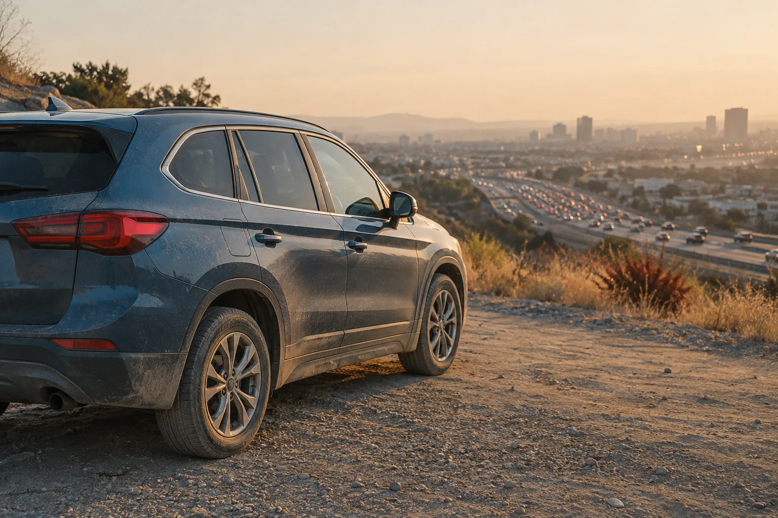 Parked car at the edge of dusty unpaved access road with city traffic softly distant