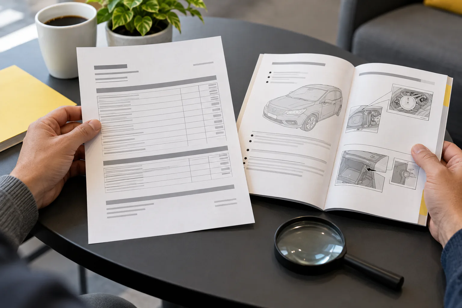 Two hands comparing a plain estimate and manual page with a magnifier resting nearby