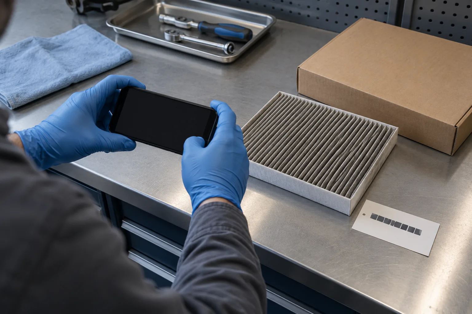 Gloved hands photographing a removed cabin filter beside its plain package and odometer note with digits obscured