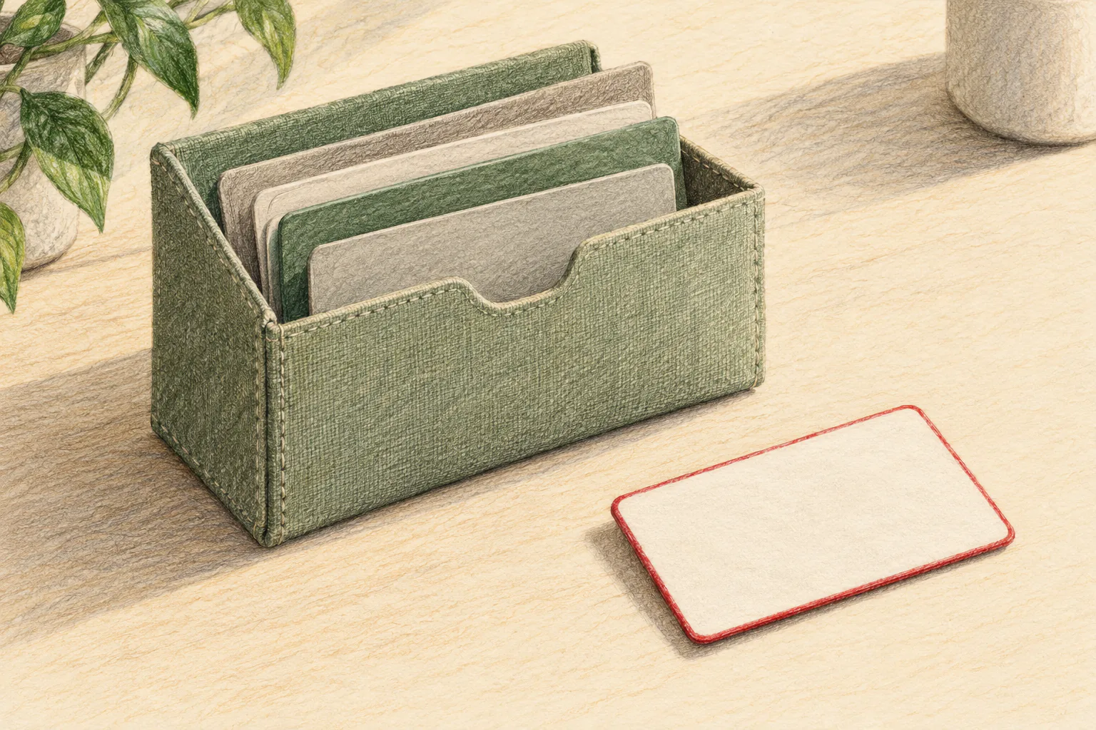 Colored-pencil drawing of a folder with one loose red-edged card held outside while other cards sit inside