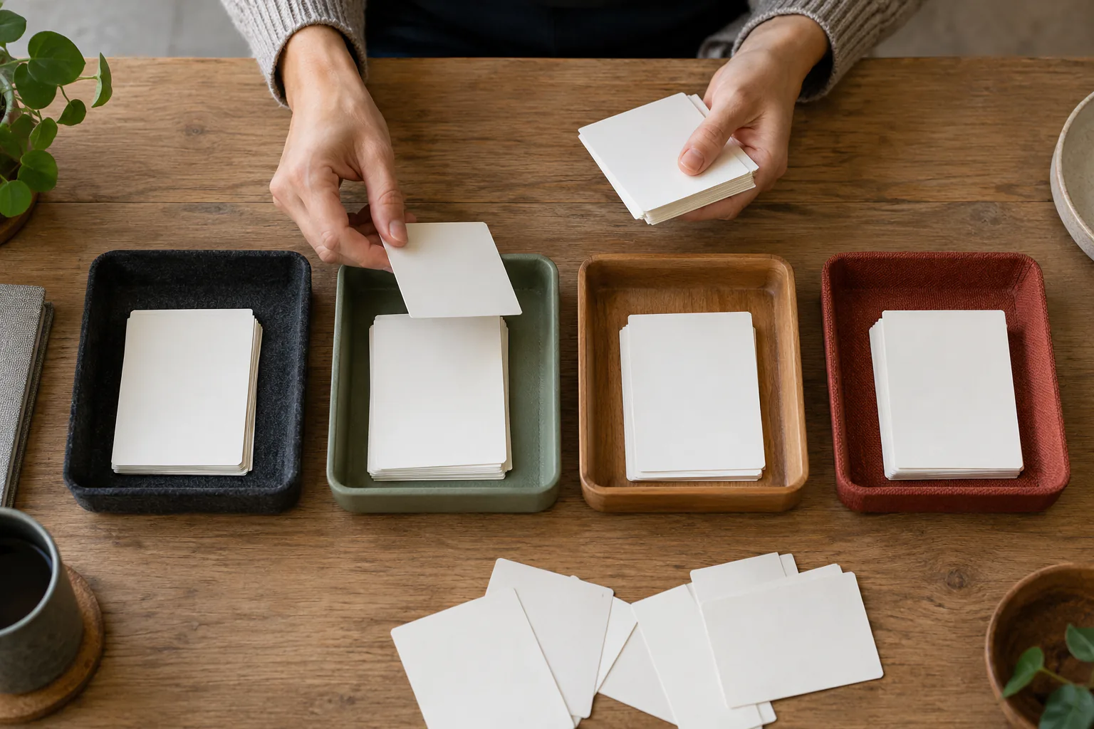 Hands separating blank service cards into four shallow trays distinguished by texture and color
