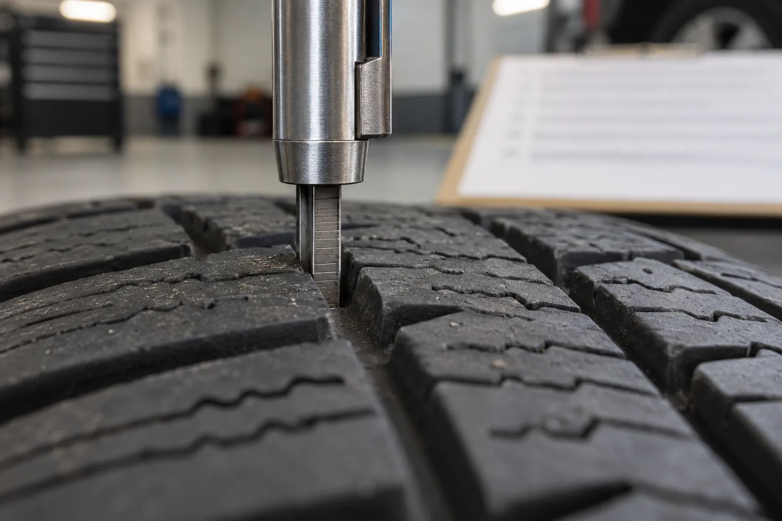 Close view of a tread-depth gauge beside a sharply visible wear boundary and an out-of-focus blank recommendation card