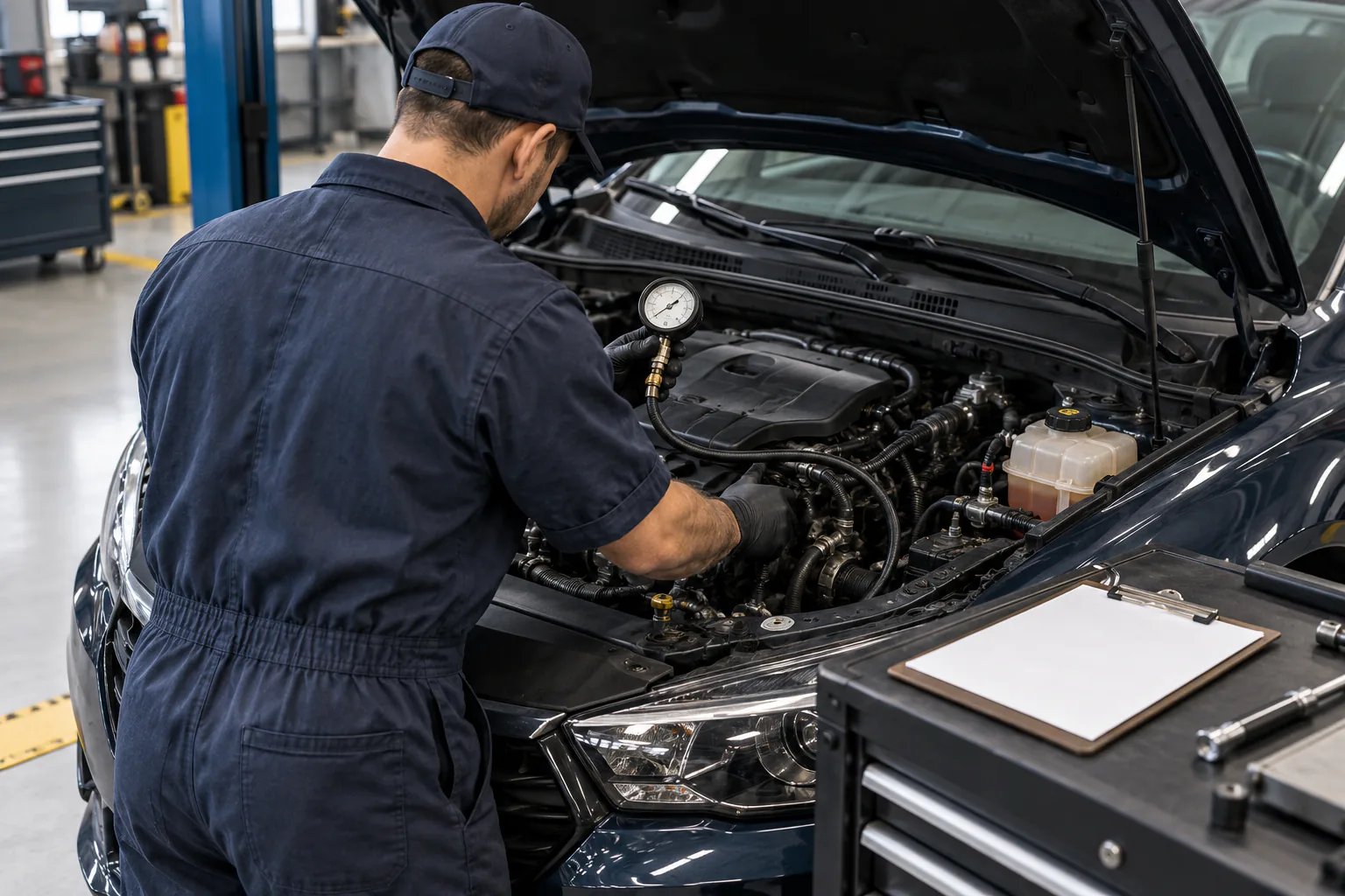 Technician from behind at stationary vehicle, test hose routed neatly, clipboard blank