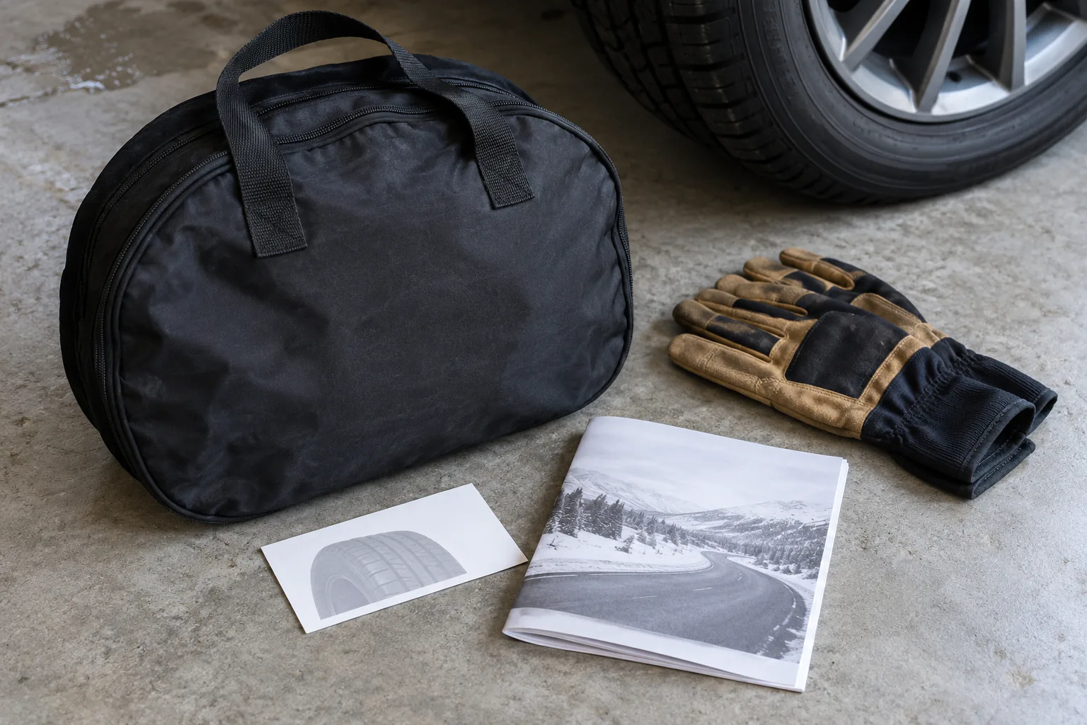 Plain chain bag, tire-size card obscured, manual, and gloves on dry garage floor