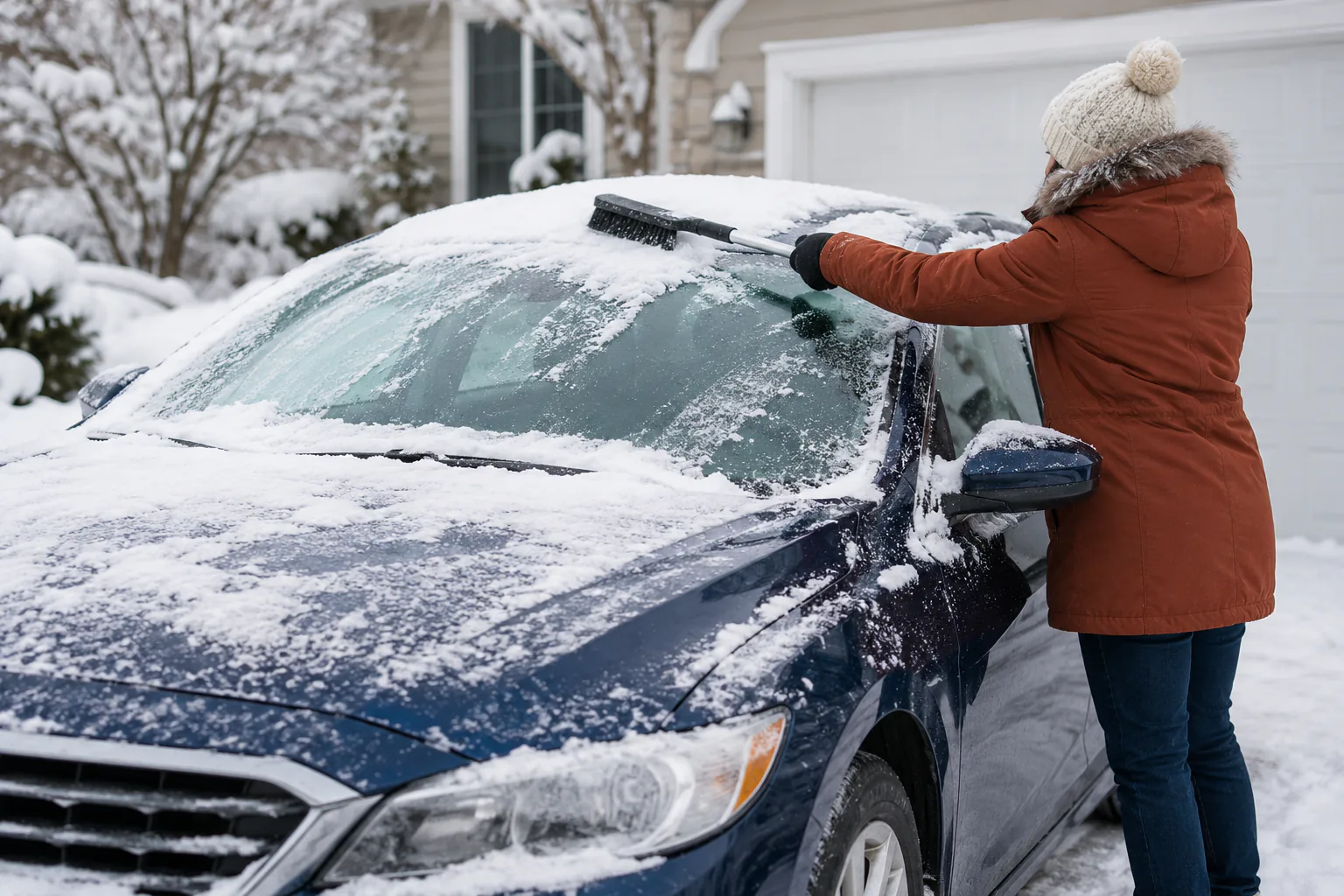 Person outside parked car brushing light snow from roof edge and full windshield, wipers still down