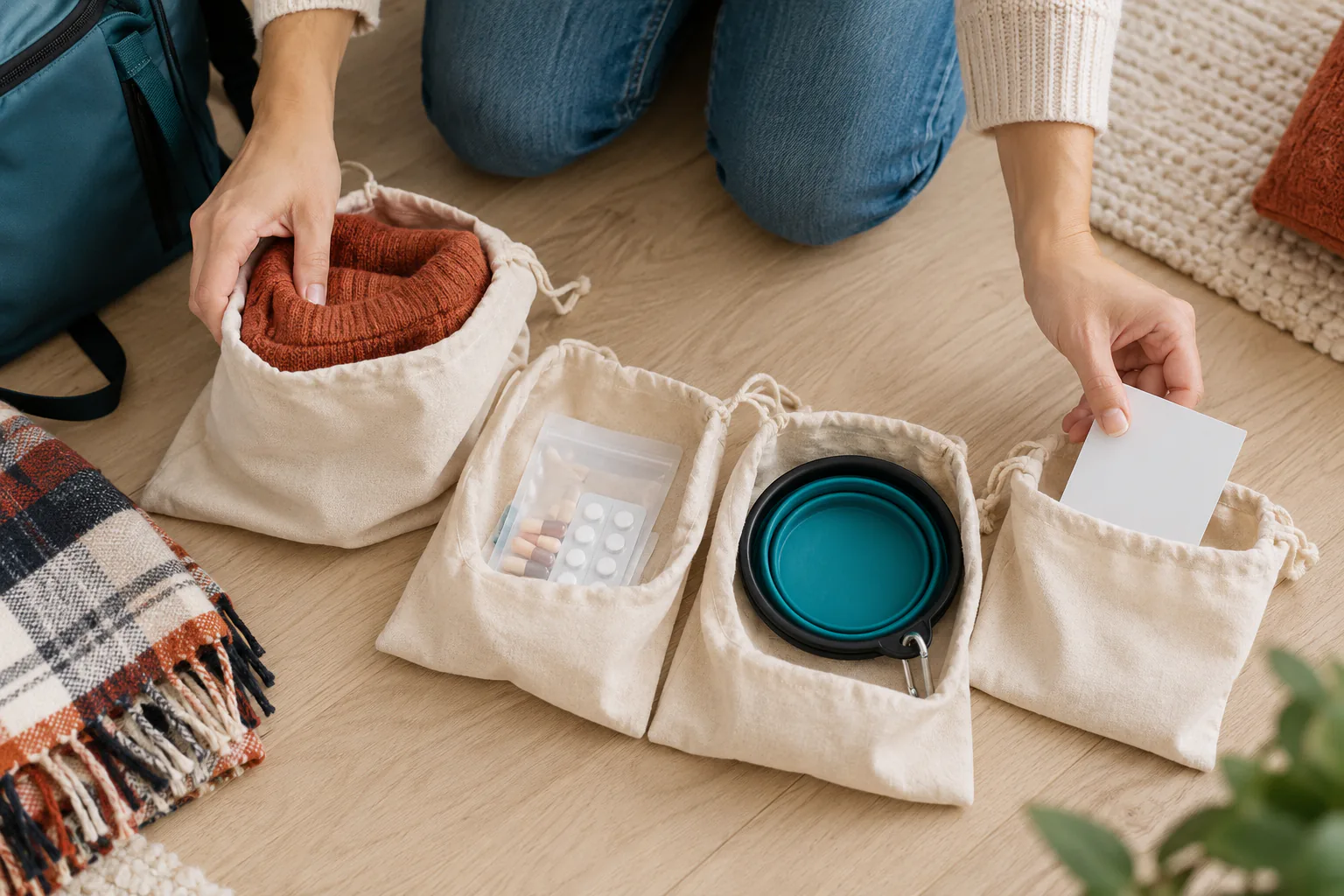 Hands add child-size warm layer, plain medication pouch, pet water bowl, and accessibility item card to separate pouches