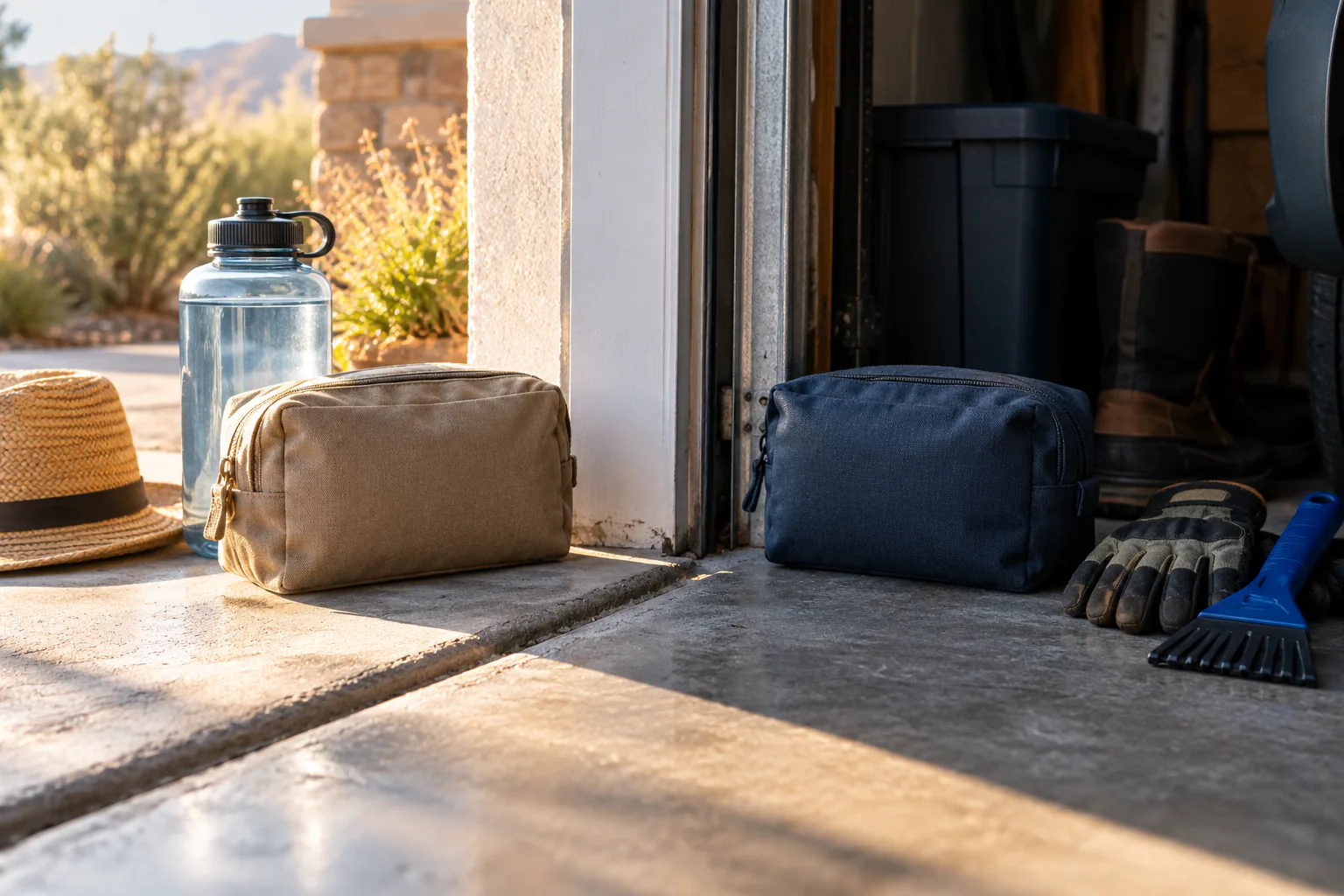 Two closed color-coded pouches placed at garage threshold, one near sunlit hat/water silhouette and one near shaded gloves/scraper