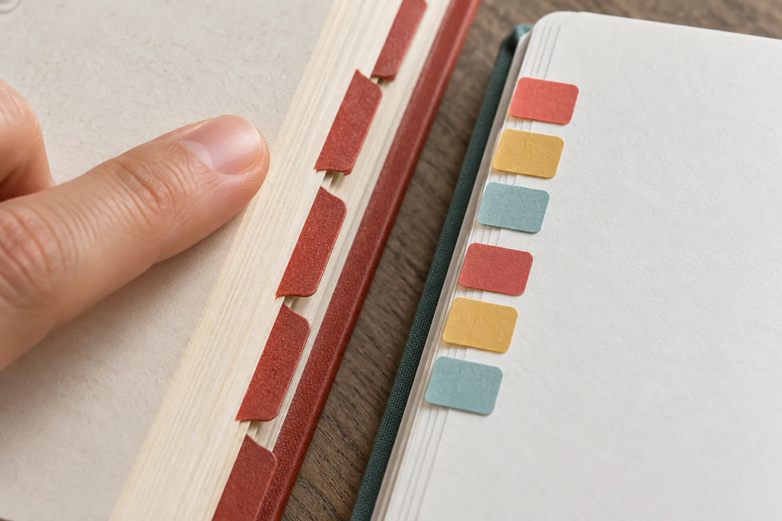 Finger resting near a physical index tab while a notebook holds six blank colored tabs