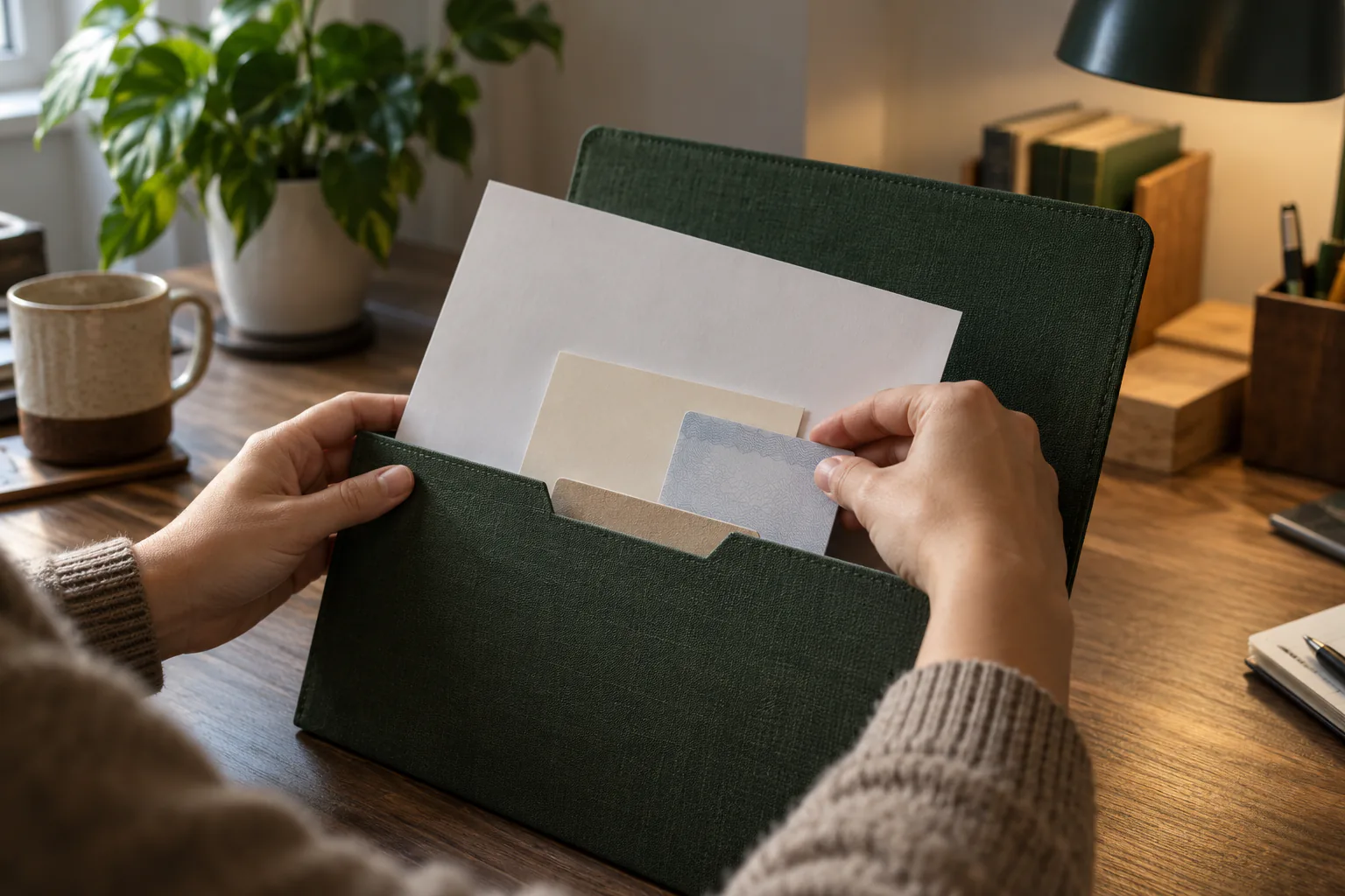 plain archival folder receiving a printed page, date card, and obscured vehicle card