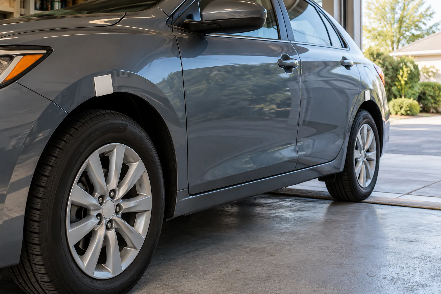 Two blank magnetic tiles placed beside front and rear wheel arches on one parked car, viewed along the side