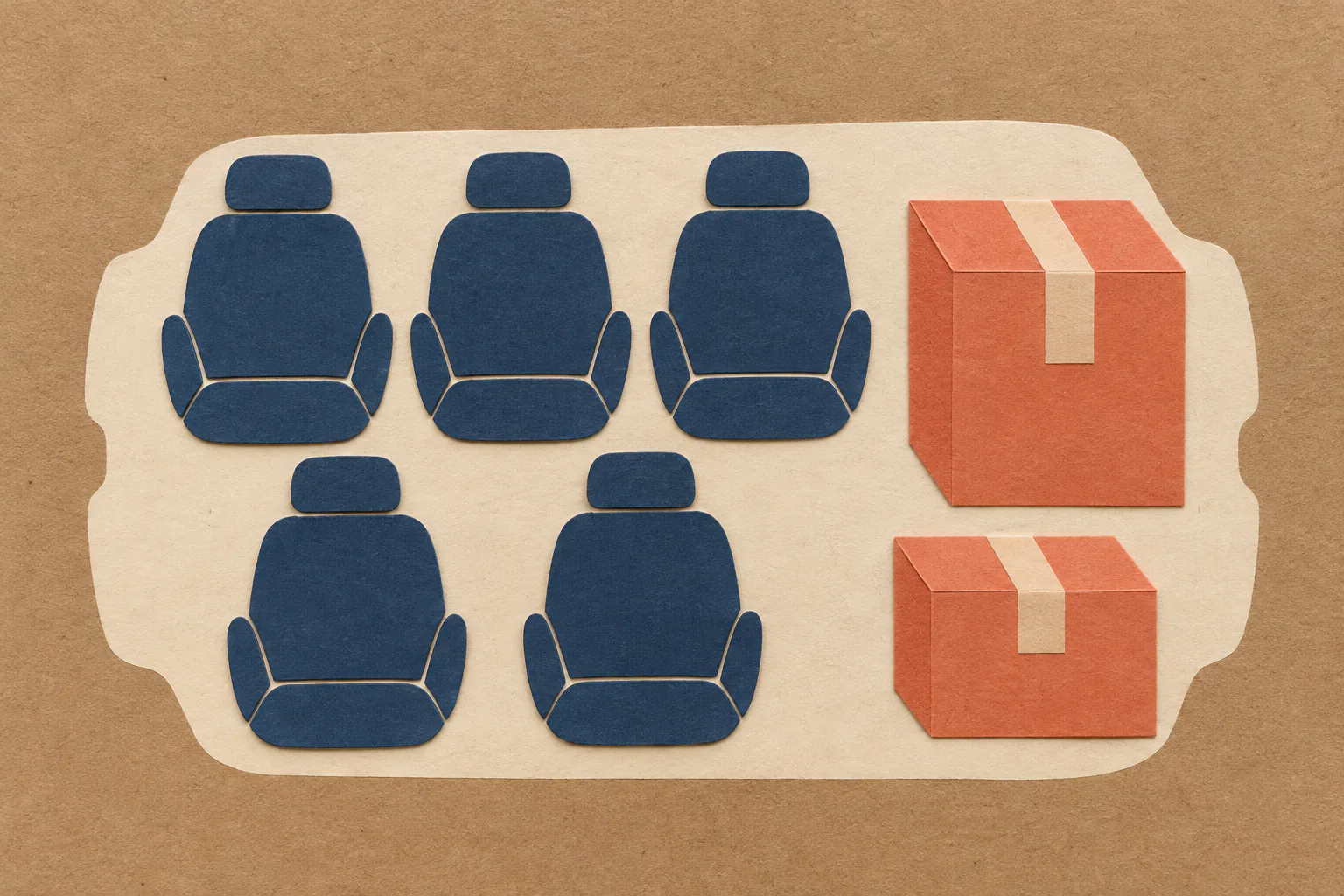 Paper collage of five plain seat-shaped cutouts and two parcel shapes sharing one bounded kraft-paper area
