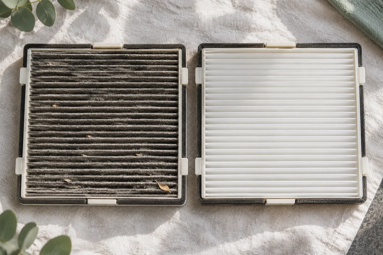 Old and new generic filters aligned edge-to-edge on clean cloth, hands outside frame