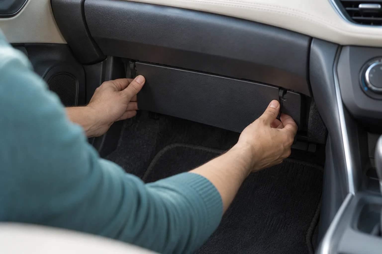 Hand closing access cover while another rests away from fan control