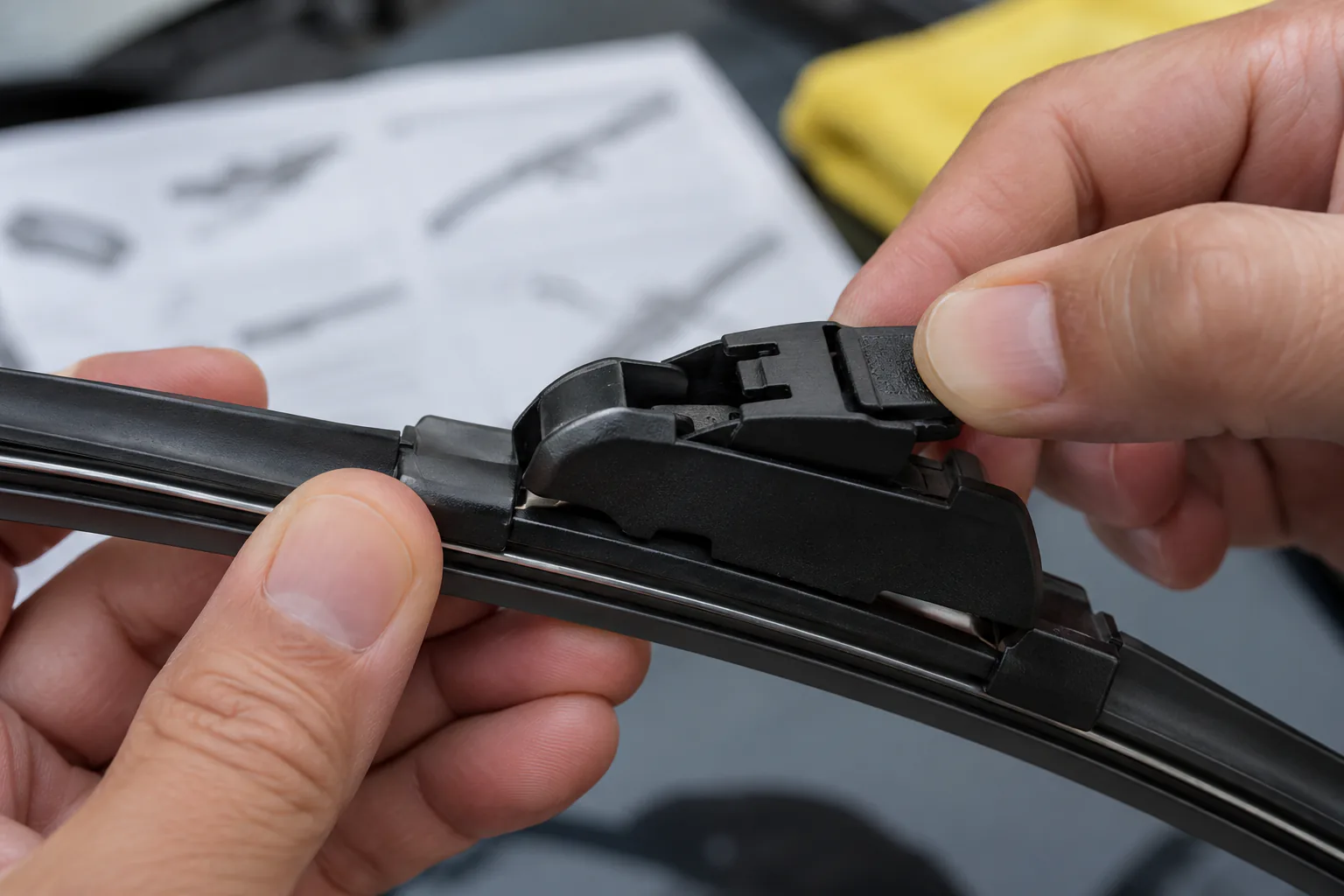 Macro of generic adapter and release tab held by natural fingers, background softly shows instruction leaflet blank