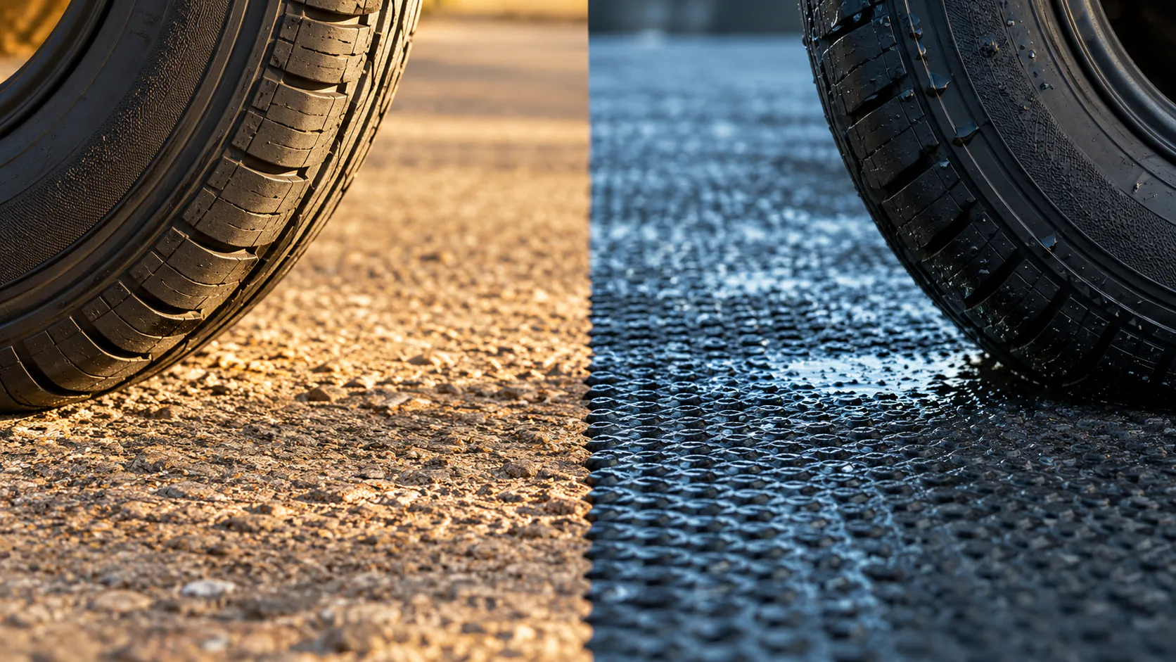 Two tire sidewall fragments photographed separately on one long surface: warm dry pavement texture and cool damp textured mat