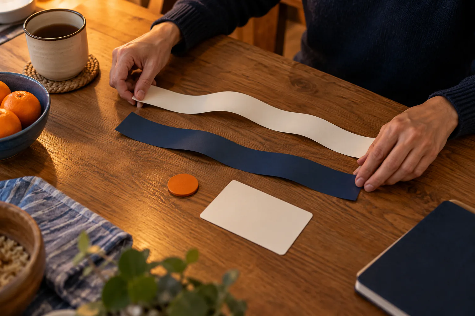 Hands arrange two blank route ribbons, charging/fuel token, and rest-stop card on table