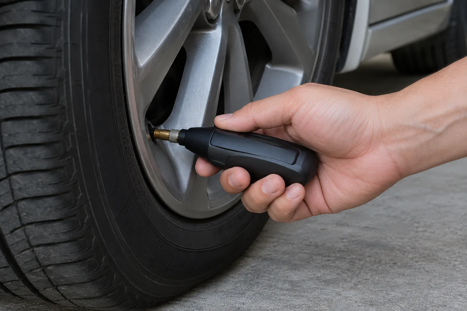 hand holding a gauge squarely on a tire valve beside a parked car