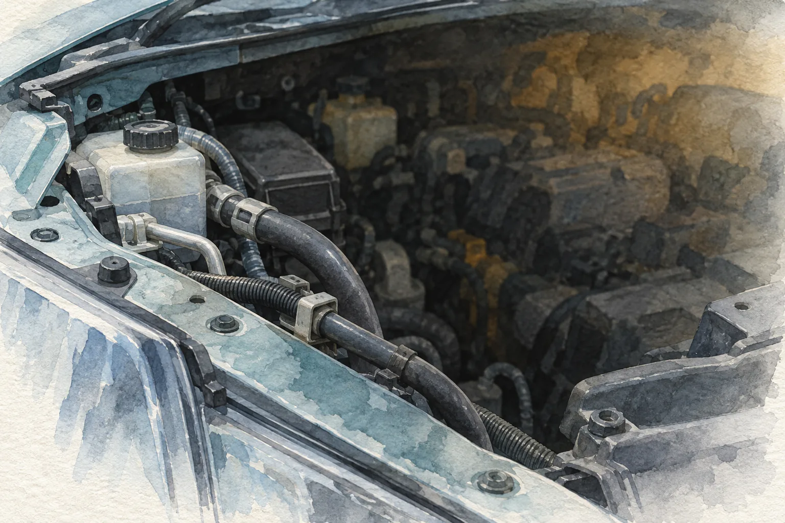 Watercolor engine-bay edge with clear foreground hoses and soft unresolved interior darkness