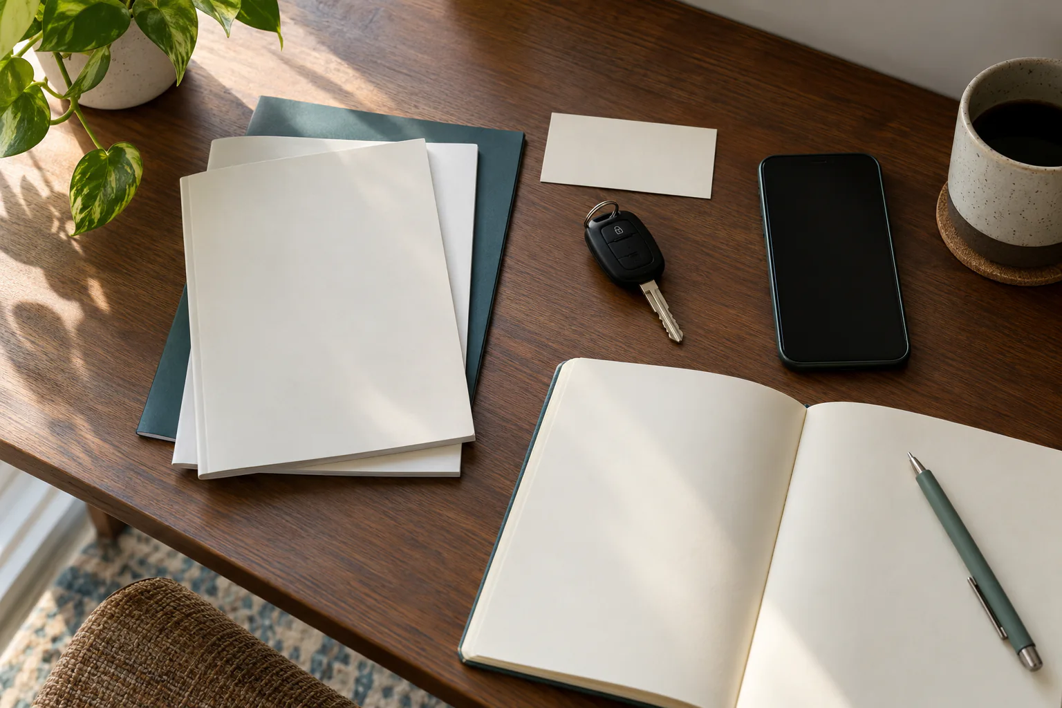 Plain owner documents, VIN note with numbers obscured, key, phone, and notebook on a home desk