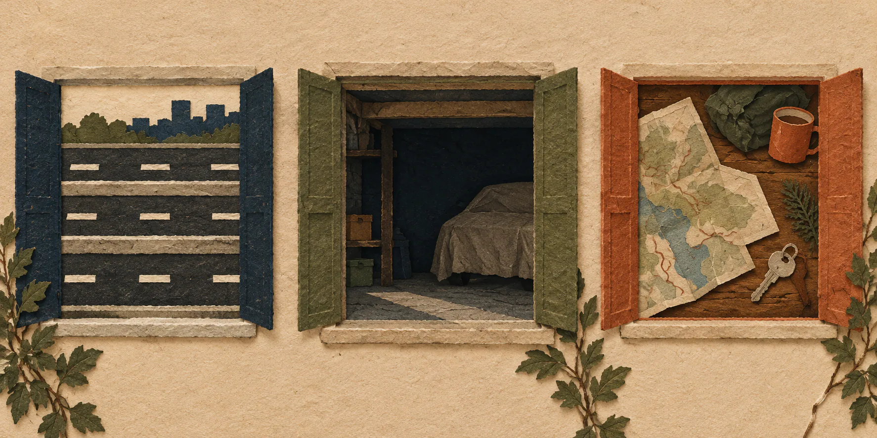 Three small paper windows on a long sheet: commuter road texture, garage shadow, irregular weekend objects