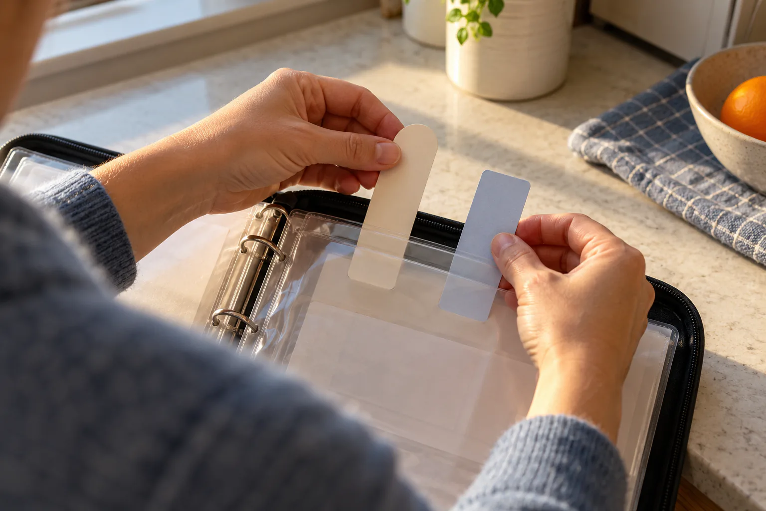Hand placing two differently shaped blank tabs into one maintenance sleeve